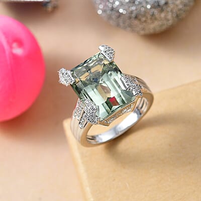 GP Royal Art Deco Collection AAA Montezuma Prasiolite and Multi Gemstone 12.40 ctw Ring in Rhodium Over Sterling Silver (Size 10.0)