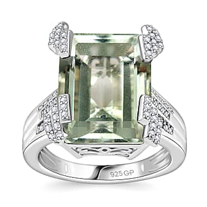 GP Royal Art Deco Collection AAA Montezuma Prasiolite and Multi Gemstone 12.40 ctw Ring in Rhodium Over Sterling Silver (Size 6.0)