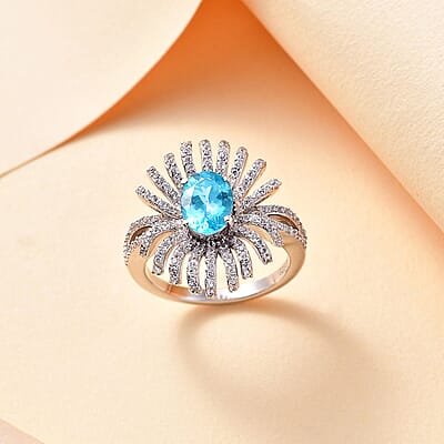 GP Italian Garden Collection Apatite and White Zircon 2.35 ctw Fiordaliso Ring in Rhodium Over Sterling Silver (Size 10.0)