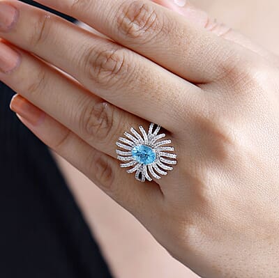 GP Italian Garden Collection Apatite and White Zircon 2.35 ctw Fiordaliso Ring in Rhodium Over Sterling Silver (Size 10.0)
