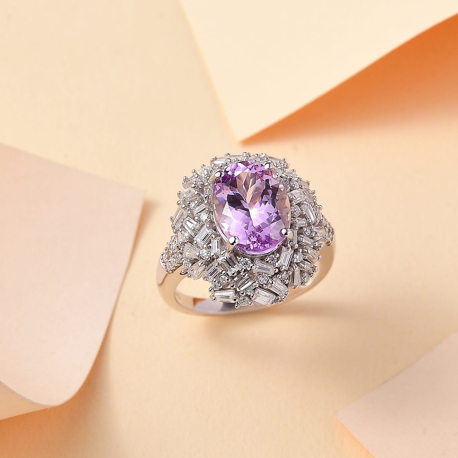 Premium Martha Rocha Kunzite, Moissanite Majestic Radiance Ring in Rhodium Over Sterling Silver (Size 10.0) 6.80 ctw