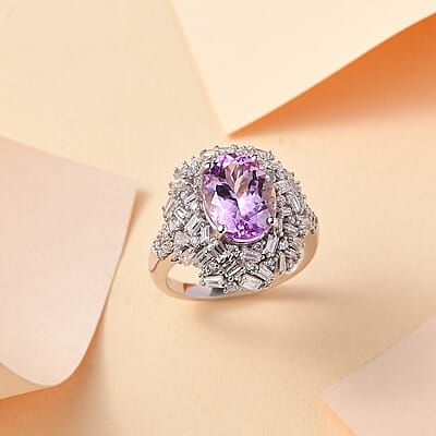 Premium Martha Rocha Kunzite, Moissanite Majestic Radiance Ring in Rhodium Over Sterling Silver (Size 10.0) 6.80 ctw