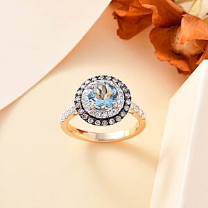 Luxoro AAA Santa Maria Aquamarine, Natural Champagne and G-H I2 Diamond 1.85 ctw Ring in 14K Yellow Gold (Size  9.5)