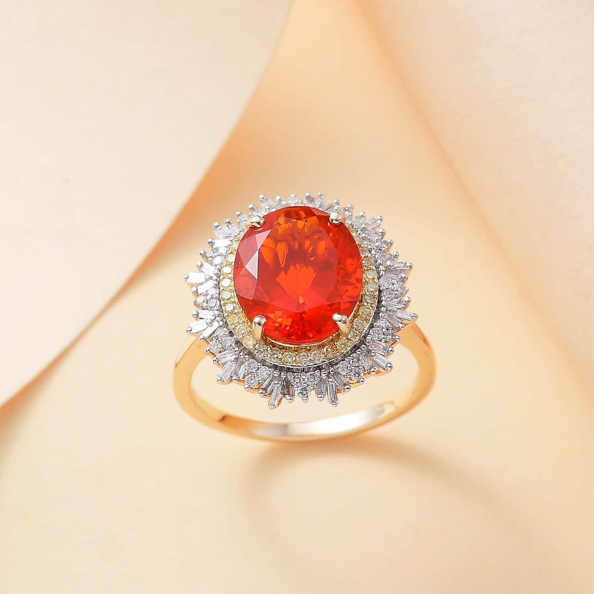 Luxoro AAAA Fire Opal, G-H I2 Natural Yellow and White Diamond 3.60 ctw Ring in 14K Yellow Gold image number 1