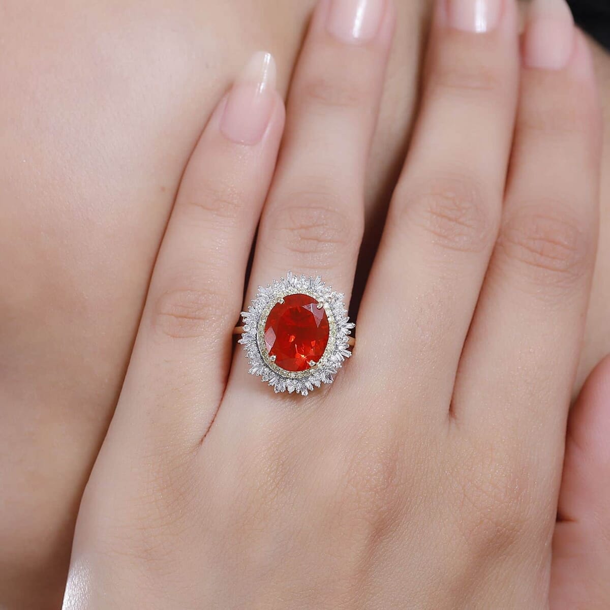 Luxoro AAAA Fire Opal, G-H I2 Natural Yellow and White Diamond 3.60 ctw Ring in 14K Yellow Gold image number 2
