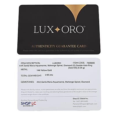 Certified & Appraised Luxoro AAA Santa Maria Aquamarine, Mahenge Spinel and I2 Diamond 2.05 ctw Double Halo Ring in 14K Yellow Gold (Size  5.0)  5.05 Grams