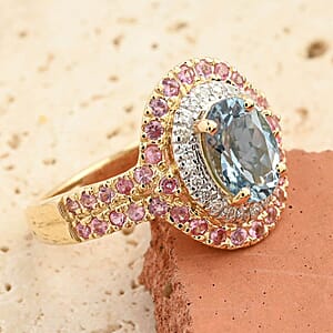 Certified & Appraised Luxoro AAA Santa Maria Aquamarine, Mahenge Spinel and I2 Diamond 2.05 ctw Double Halo Ring in 14K Yellow Gold (Size  9.5)  5.05 Grams