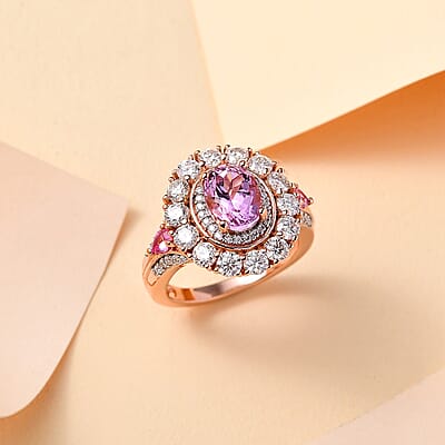 Premium Martha Rocha Kunzite and Multi Gemstone 4.30 ctw Double Halo Ring in 18K Vermeil RG Over Sterling Silver (Size 6.0)