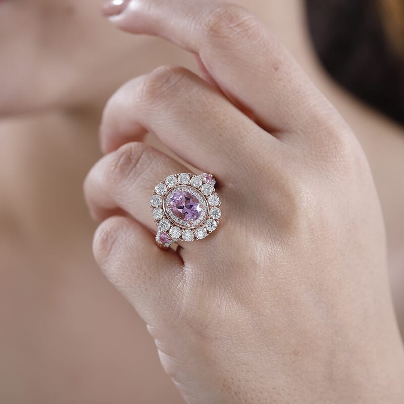 Premium Martha Rocha Kunzite and Multi Gemstone 4.30 ctw Double Halo Ring in 18K Vermeil RG Over Sterling Silver (Size 6.0)