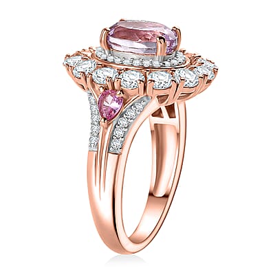 Premium Martha Rocha Kunzite and Multi Gemstone 4.30 ctw Double Halo Ring in 18K Vermeil RG Over Sterling Silver (Size 6.0)