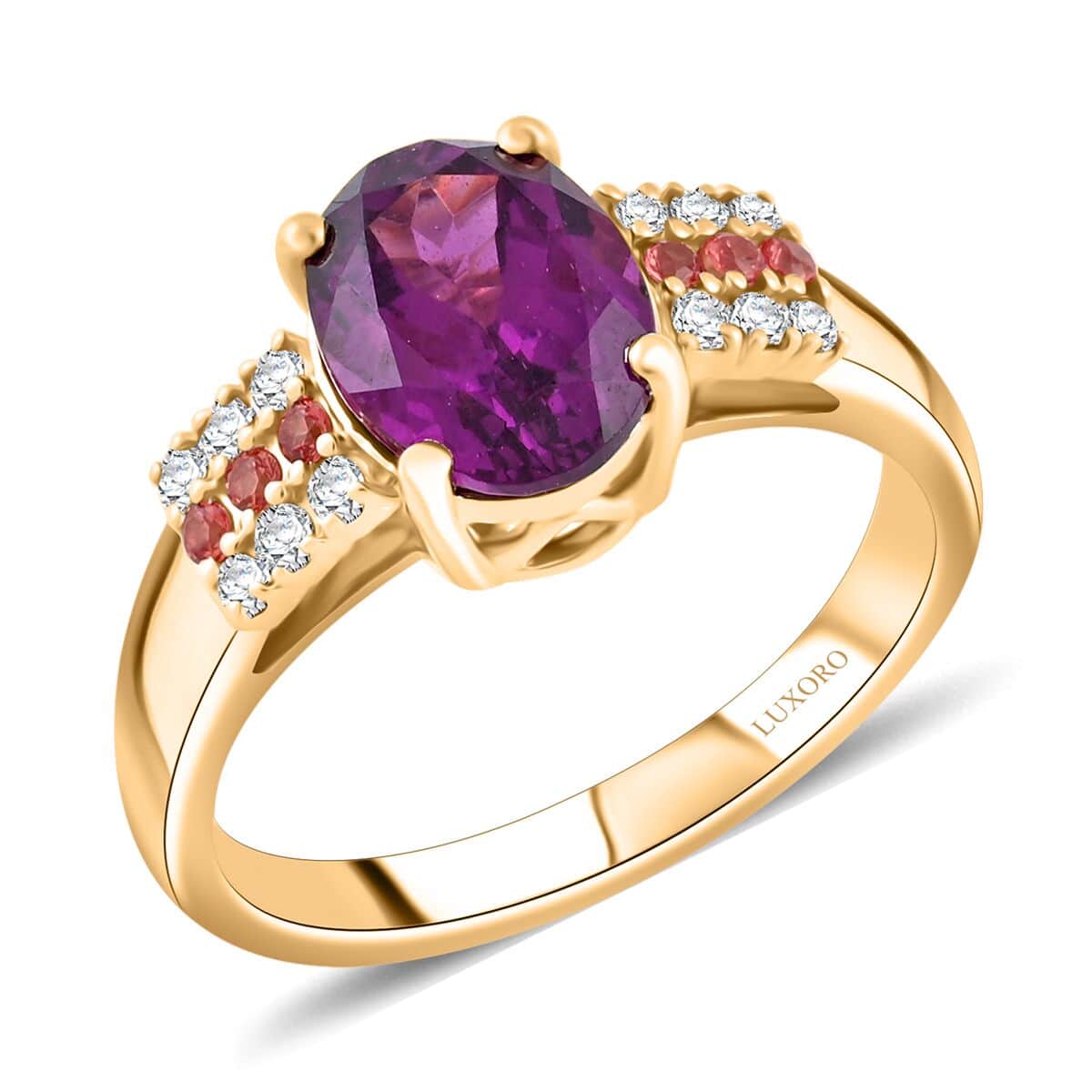 Certified & Appraised Luxoro AAA Radiant Ember Garnet, Padparadscha Sapphire and G-H I2 Diamond 2.60 ctw Ring in 10K Yellow Gold 4.15 Grams image number 0