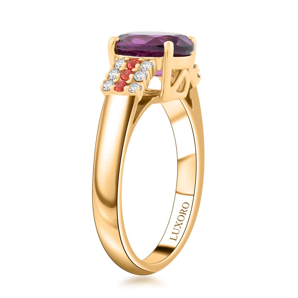 Certified & Appraised Luxoro AAA Radiant Ember Garnet, Padparadscha Sapphire and G-H I2 Diamond 2.60 ctw Ring in 10K Yellow Gold 4.15 Grams image number 3