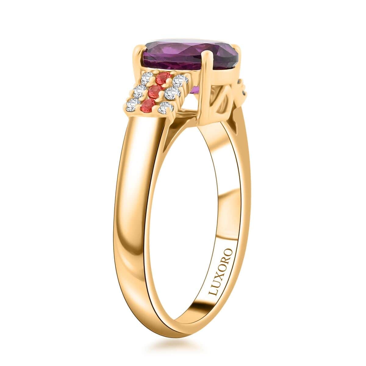 Certified & Appraised Luxoro 10K Yellow Gold AAA Radiant Ember Garnet, Padparadscha Sapphire, Diamond (G-H, I2) (0.15 cts) Ring (Size 9.5) (4.15 g) 2.60 ctw image number 3