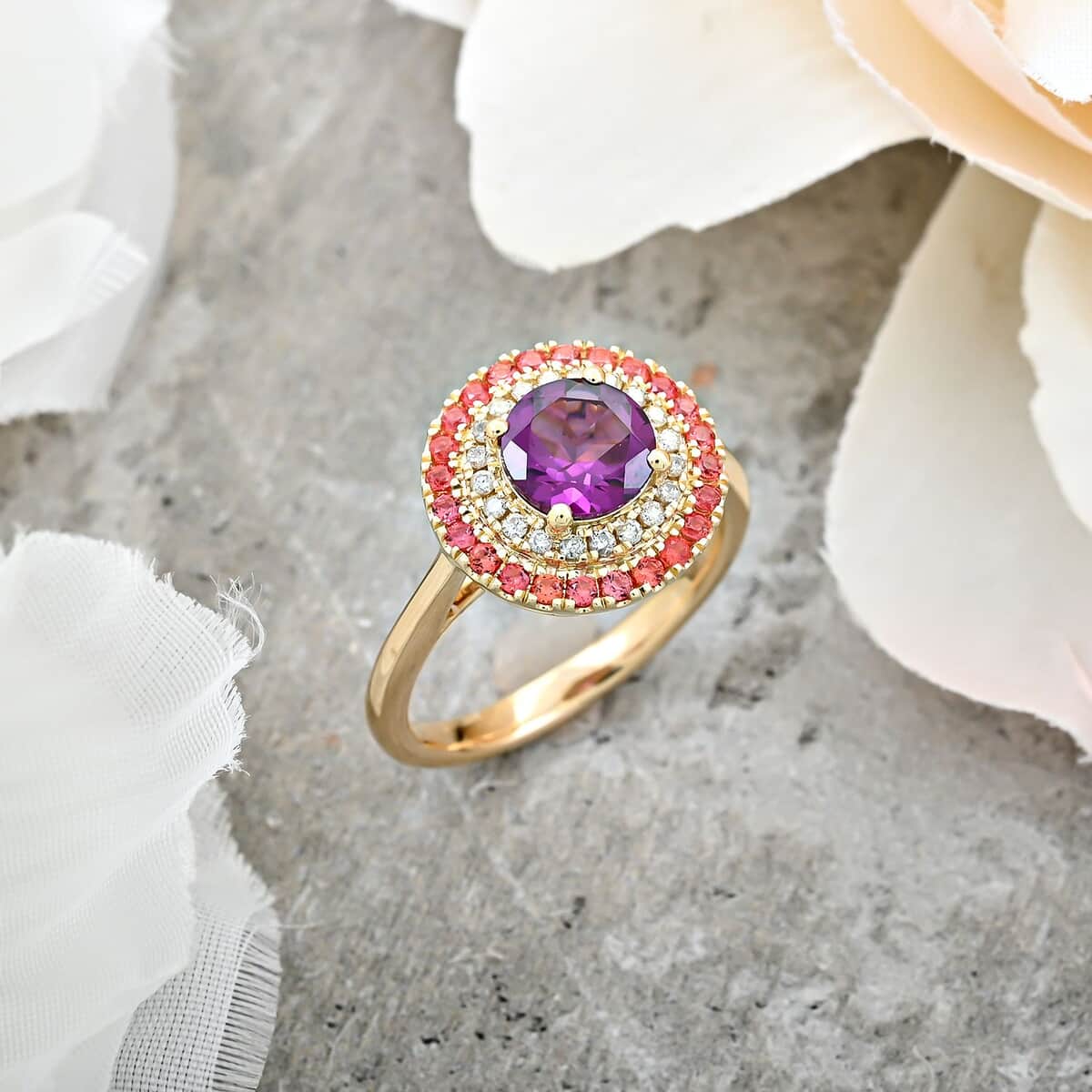 Luxoro AAA Radiant Ember Garnet, Padparadscha Sapphire and G-H I2 Diamond 2.15 ctw Ring in 10K Yellow Gold (Size 10.0) 4.35 Grams image number 1