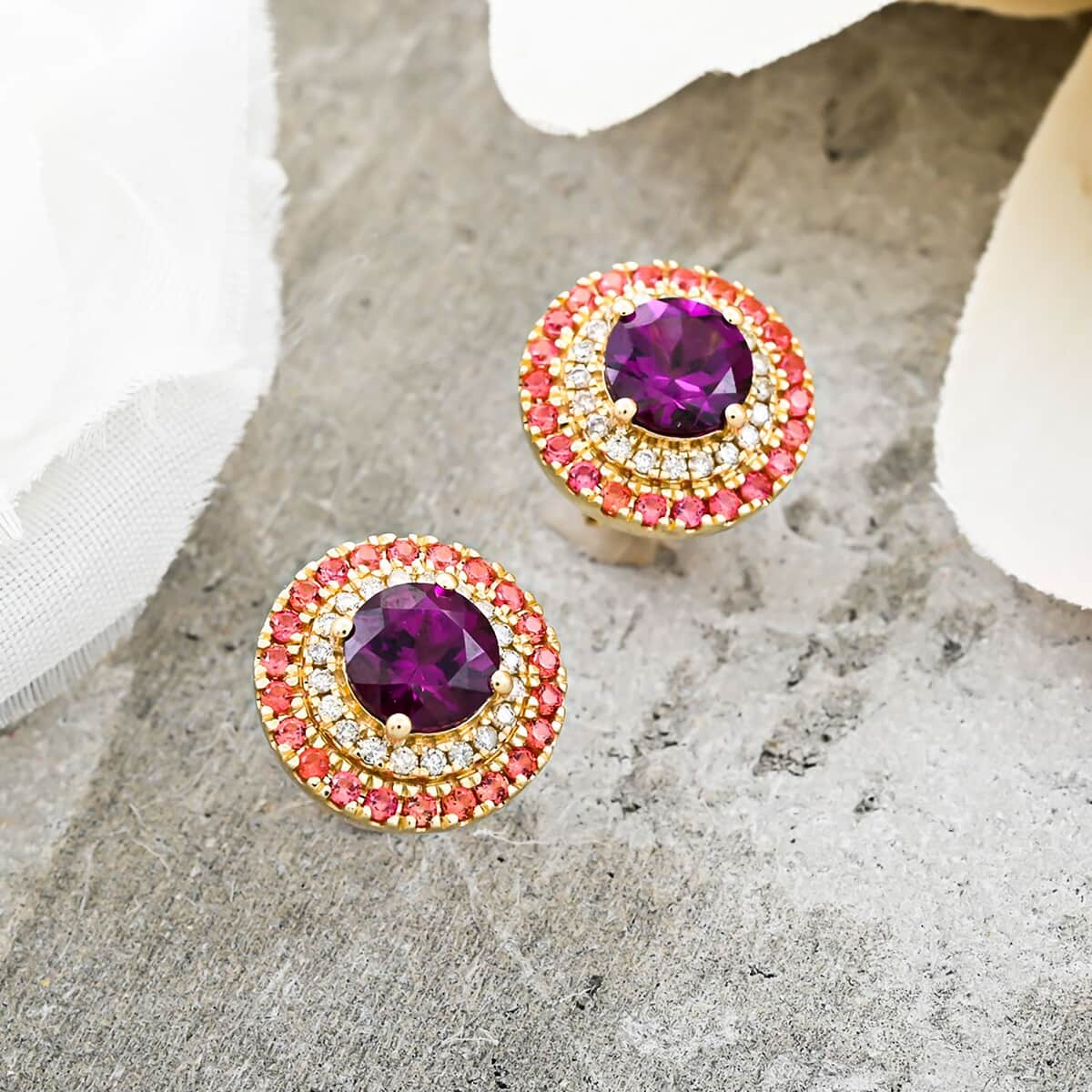 Luxoro AAA Radiant Ember Garnet, Padparadscha Sapphire and G-H I2 Diamond 3.60 ctw Earrings in 10K Yellow Gold image number 1