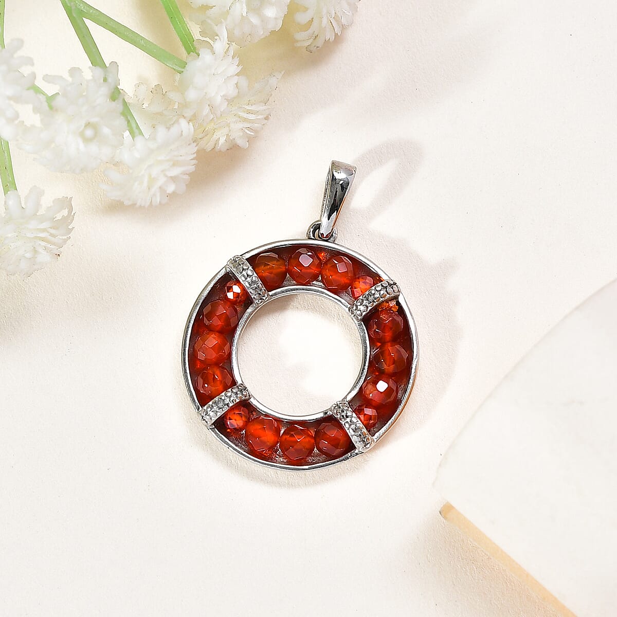 Carnelian 7.00 ctw Circle Pendant without Chain in Stainless Steel  image number 1