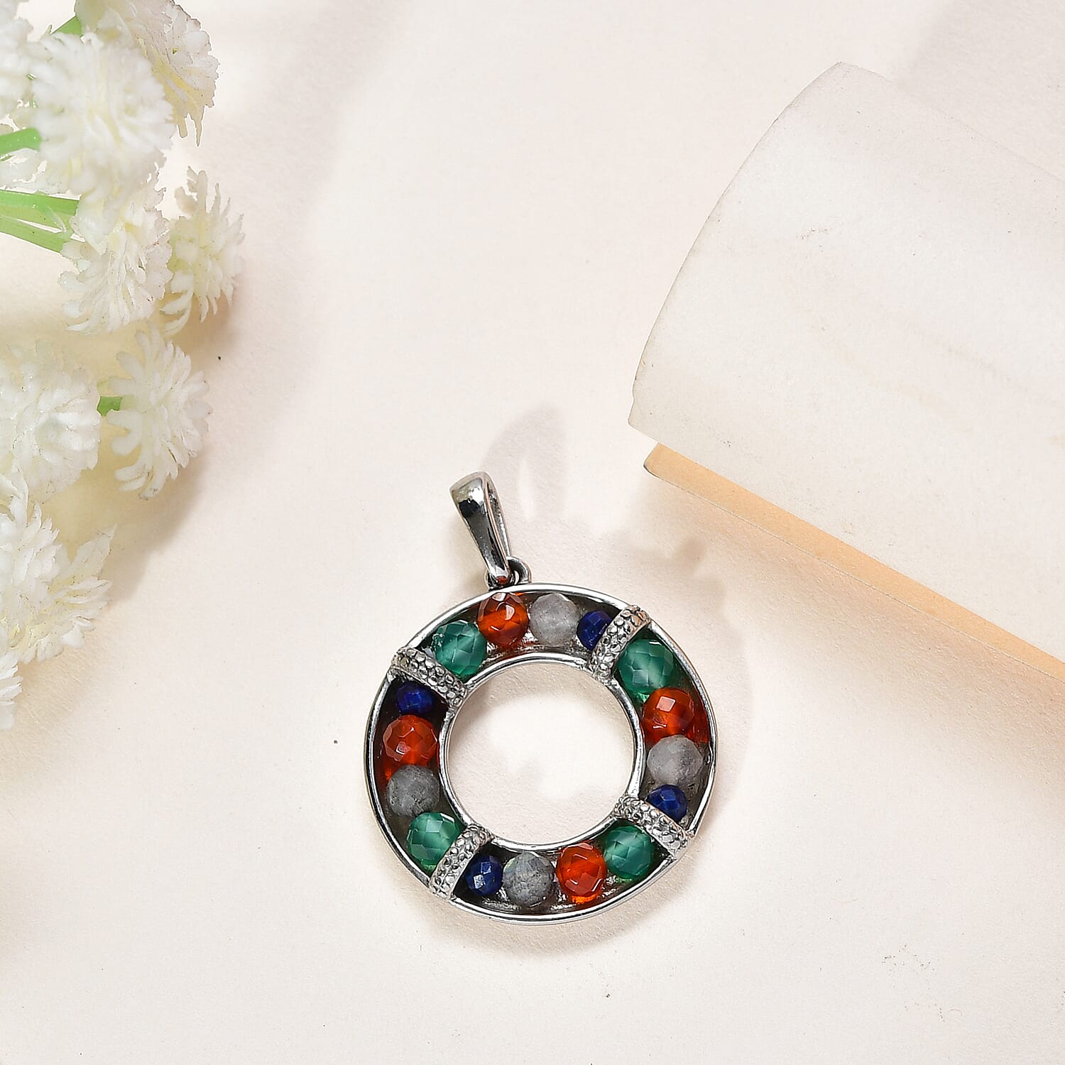Multi Gemstones 6.55 ctw Circle Pendant without Chain in Stainless Steel 