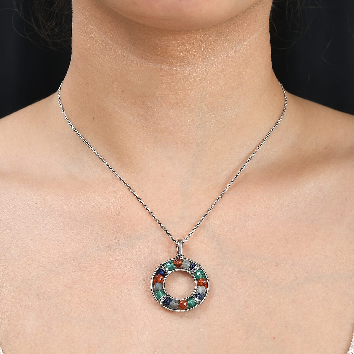 Multi Gemstones 6.55 ctw Circle Pendant without Chain in Stainless Steel  image number 2