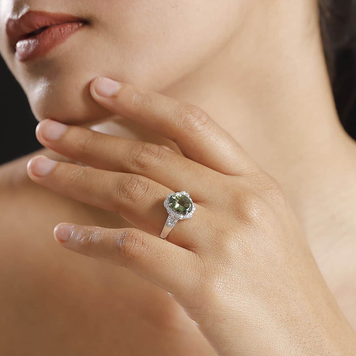 Luxoro 10K White Gold Premium Natural Green Apatite, Diamond (G-H, I2) (0.40 cts) Halo Ring (Size 5.5) 3.15 ctw image number 2