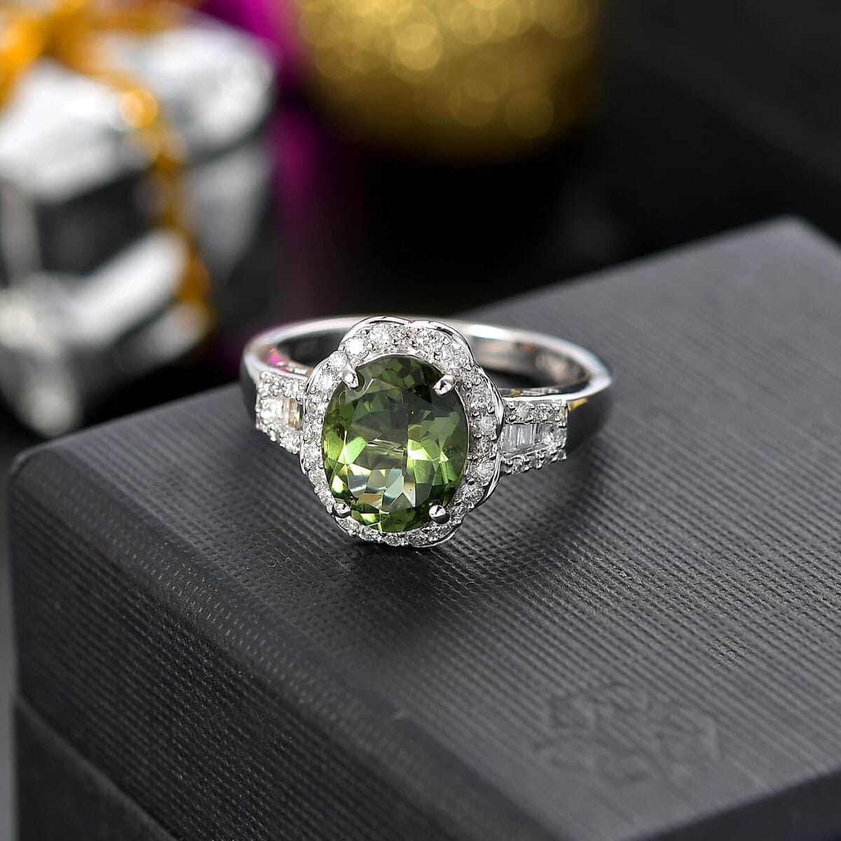 Luxoro 10K White Gold Premium Natural Green Apatite, Diamond (G-H, I2) (0.40 cts) Halo Ring (Size 7.5) 3.15 ctw image number 1