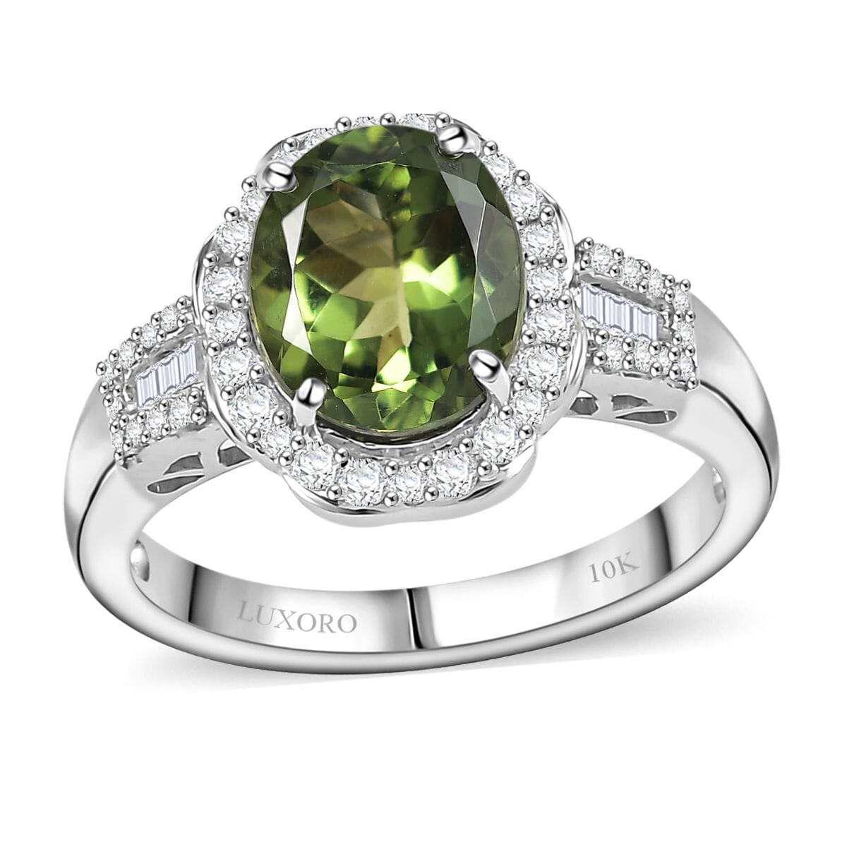 Luxoro Premium Natural Green Apatite and G-H I2 Diamond 3.15 ctw Halo Ring in 10K White Gold (Size 8.0) image number 0