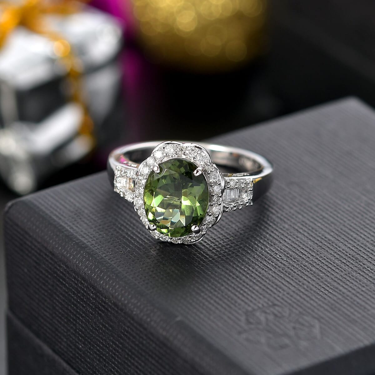 Luxoro Premium Natural Green Apatite and G-H I2 Diamond 3.15 ctw Halo Ring in 10K White Gold (Size 9.0) image number 1