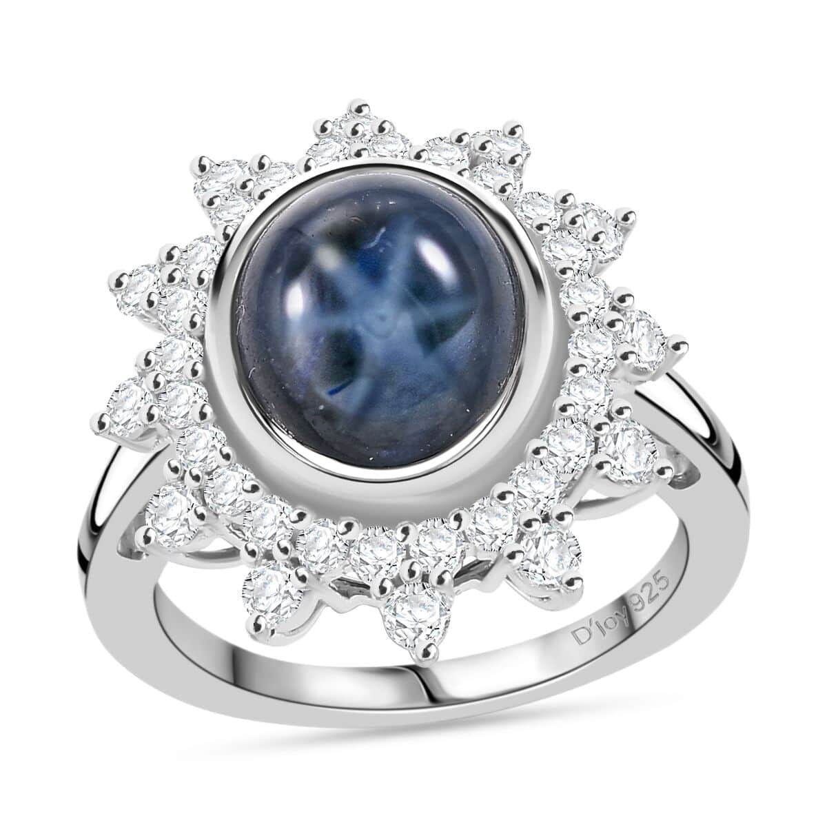 Blue Star Sapphire (DF) and Moissanite 6.80 ctw Starburst Ring in Rhodium Over Sterling Silver (Size 10.0) image number 0