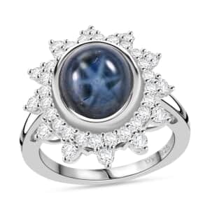 Blue Star Sapphire (DF) and Moissanite 6.80 ctw Starburst Ring in Rhodium Over Sterling Silver (Size 10.0)