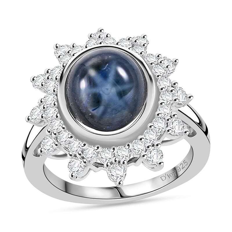 D'Joy Blue Star Sapphire (DF) and Moissanite 6.80 ctw Starburst Ring in Rhodium Over Sterling Silver (Size 10.0)