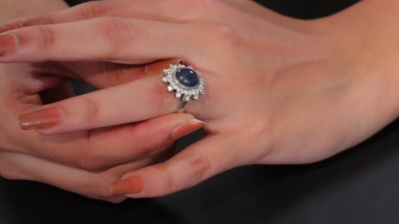 Blue Star Sapphire (DF) and Moissanite 6.80 ctw Ring in Rhodium Over Sterling Silver (Size 10.0)