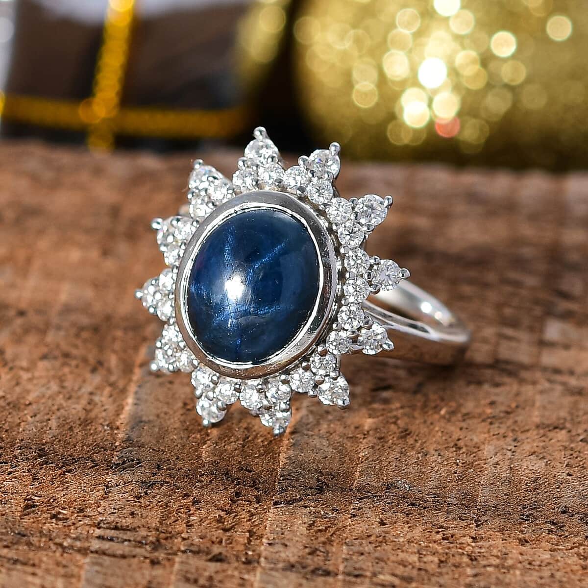 Blue Star Sapphire (DF) and Moissanite 6.80 ctw Starburst Ring in Rhodium Over Sterling Silver (Size 10.0) image number 1