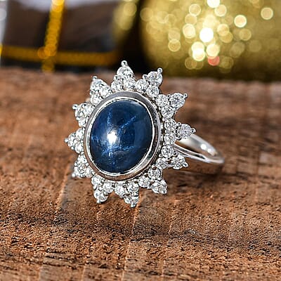 D'Joy Blue Star Sapphire (DF) and Moissanite 6.80 ctw Starburst Ring in Rhodium Over Sterling Silver (Size 10.0)