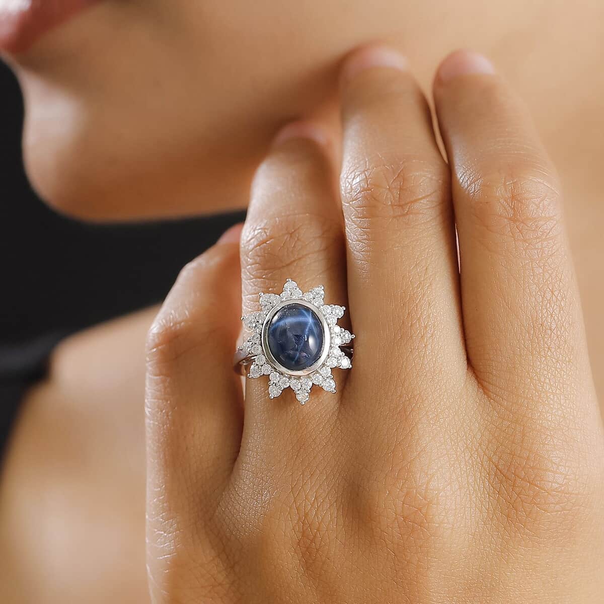 Blue Star Sapphire (DF) and Moissanite 6.80 ctw Starburst Ring in Rhodium Over Sterling Silver (Size 10.0) image number 2