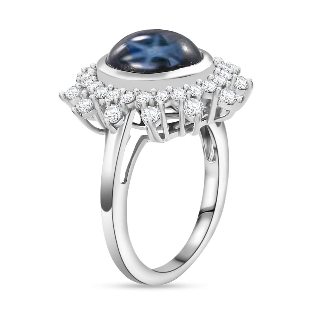 Blue Star Sapphire (DF) and Moissanite 6.80 ctw Starburst Ring in Rhodium Over Sterling Silver (Size 10.0) image number 3