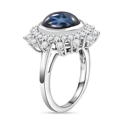 D'Joy Blue Star Sapphire (DF) and Moissanite 6.80 ctw Starburst Ring in Rhodium Over Sterling Silver (Size 10.0)