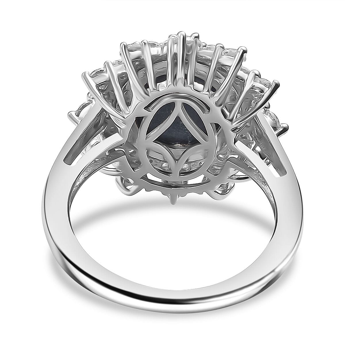 D'Joy Blue Star Sapphire (DF) and Moissanite 6.80 ctw Starburst Ring in Rhodium Over Sterling Silver (Size 10.0)