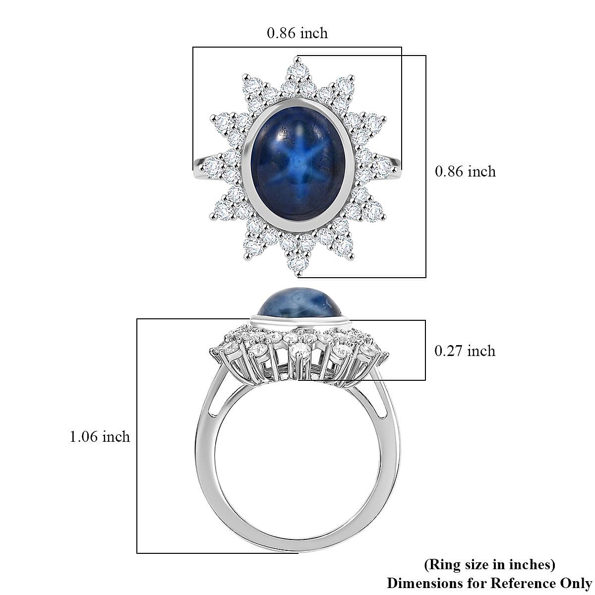 D'Joy Blue Star Sapphire (DF) and Moissanite 6.80 ctw Starburst Ring in Rhodium Over Sterling Silver (Size 10.0)