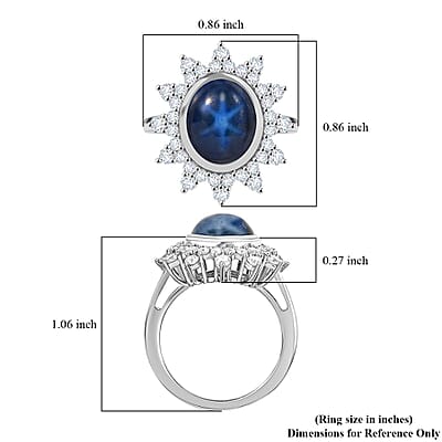 D'Joy Blue Star Sapphire (DF) and Moissanite 6.80 ctw Starburst Ring in Rhodium Over Sterling Silver (Size 10.0)