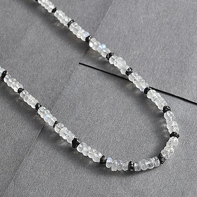 Rainbow Moonstone and Black Diamond 38.00 ctw Necklace 18 Inches in Vermeil Yellow Gold Over Sterling Silver 