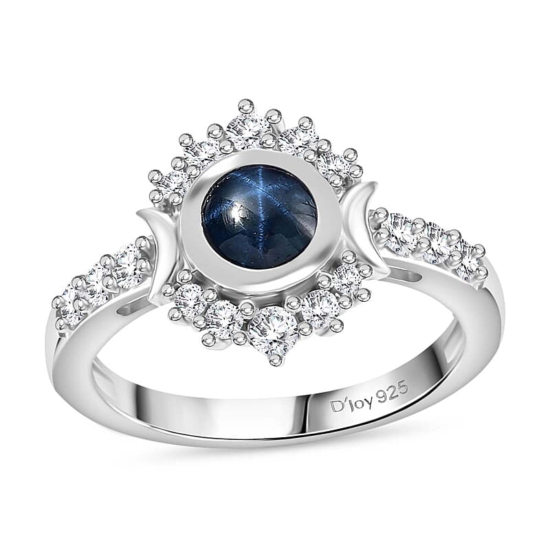 Blue Star Sapphire (DF) and White Zircon 2.20 ctw Celestial Ring in Rhodium Over Sterling Silver (Size 10.0) (Del. in 10-12 Days)