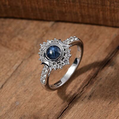 Blue Star Sapphire (DF) and White Zircon 2.20 ctw Celestial Ring in Rhodium Over Sterling Silver (Size 10.0) (Del. in 10-12 Days)