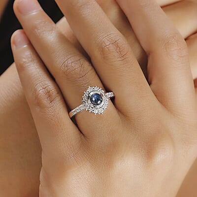 Blue Star Sapphire (DF) and White Zircon 2.20 ctw Celestial Ring in Rhodium Over Sterling Silver (Size 10.0) (Del. in 10-12 Days)