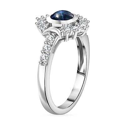 Blue Star Sapphire (DF) and White Zircon 2.20 ctw Celestial Ring in Rhodium Over Sterling Silver (Size 10.0) (Del. in 10-12 Days)