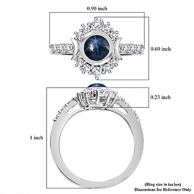 Blue Star Sapphire (DF) and White Zircon 2.20 ctw Celestial Ring in Rhodium Over Sterling Silver (Size 10.0) (Del. in 10-12 Days)