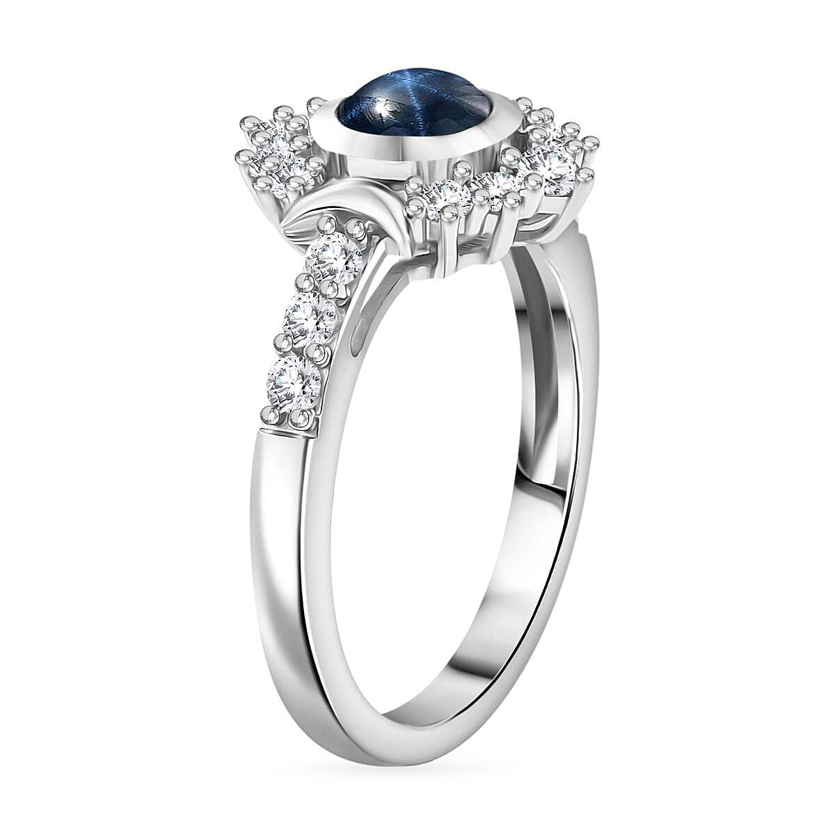D'Joy Blue Star Sapphire (DF) and White Zircon 2.20 ctw Celestial Ring in Rhodium Over Sterling Silver (Size 6.0)