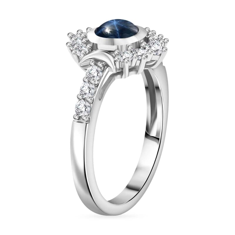 D'Joy Blue Star Sapphire (DF) and White Zircon 2.20 ctw Celestial Ring in Rhodium Over Sterling Silver (Size 6.0)