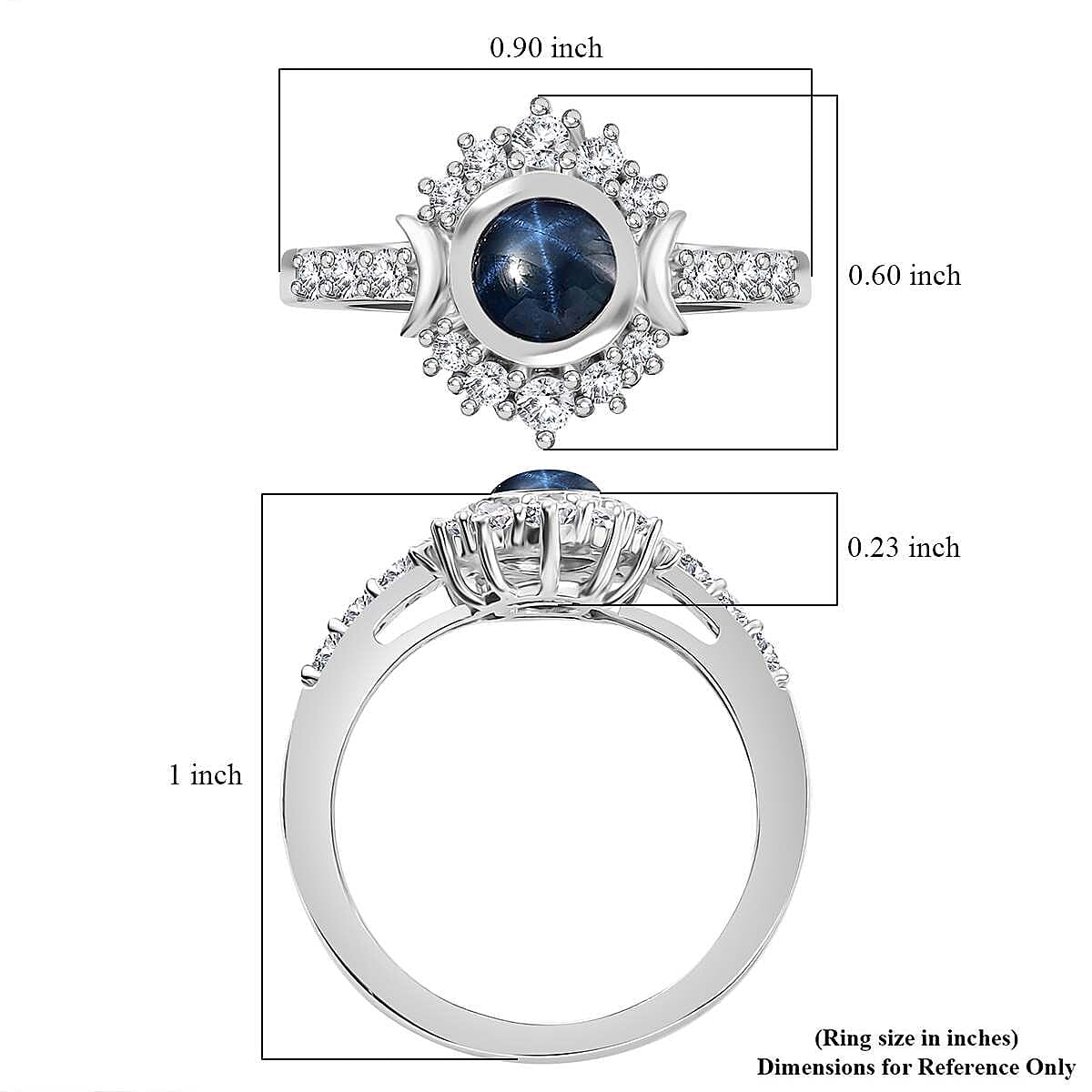 D'Joy Blue Star Sapphire (DF) and White Zircon 2.20 ctw Celestial Ring in Rhodium Over Sterling Silver (Size 6.0)