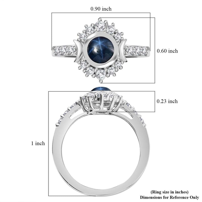 D'Joy Blue Star Sapphire (DF) and White Zircon 2.20 ctw Celestial Ring in Rhodium Over Sterling Silver (Size 6.0)