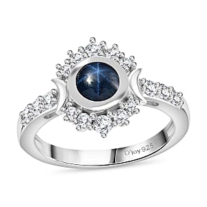 D'Joy Blue Star Sapphire (DF) and White Zircon 2.20 ctw Celestial Ring in Rhodium Over Sterling Silver (Size 9.0) (Del. in 10-12 Days)