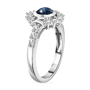 D'Joy Blue Star Sapphire (DF) and White Zircon 2.20 ctw Celestial Ring in Rhodium Over Sterling Silver (Size 9.0) (Del. in 10-12 Days)